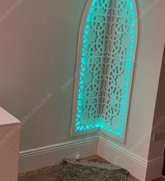 Wooden Geometric Arch Panel, Moroccan Decorative Wood Panel, Mehraab with LED Light for Prayer Room, Moroccan Arabic Arch Frame, Islamic Art