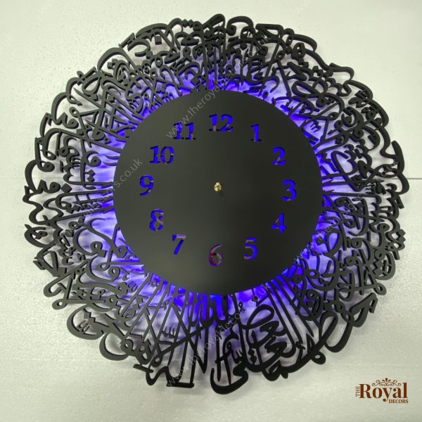 ayatul kursi islamic clock arabic calligraphy wall art with led light, ayatul kursi wall decor, modern and unique islamic art, eid and ramadan gift, islamic 4