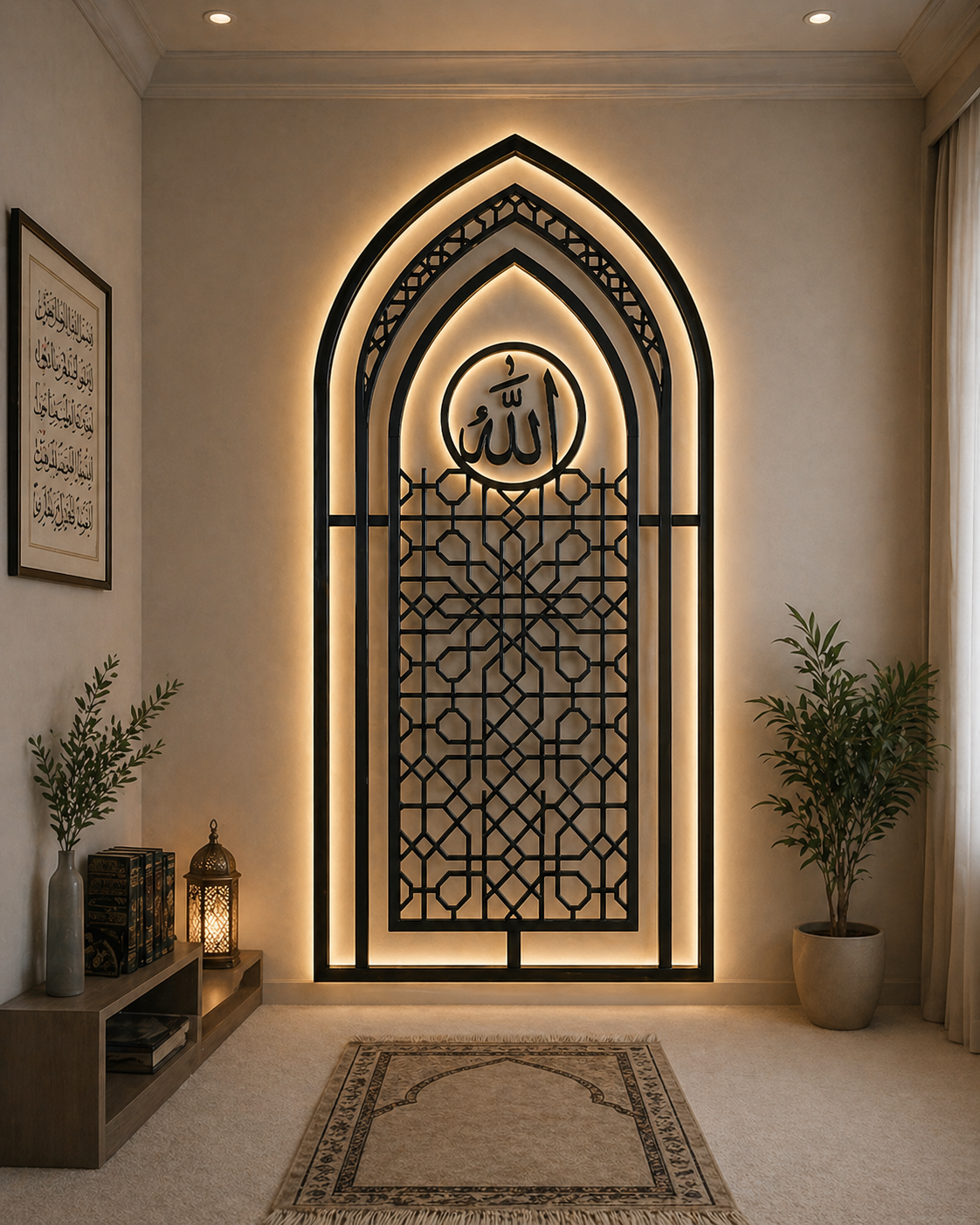 Islamic Arch Wall Art with Allah Calligraphy | LED Backlit Mihrab Design | Modern Muslim Home Decor | Custom Size & Finish