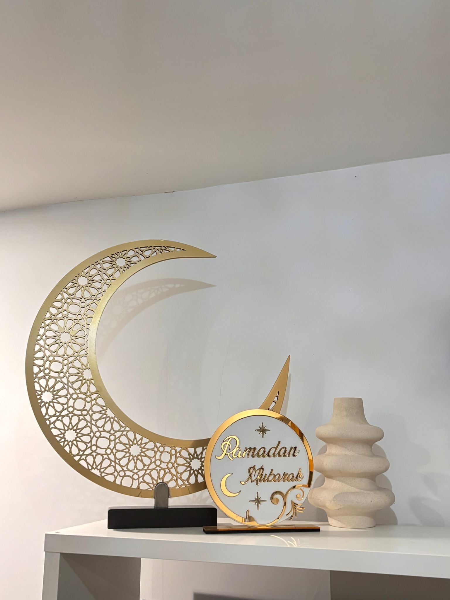 Ramadan crescent moon decor, Ramadan Kareem decorations, Islamic home decor, Ramadan Mubarak, Eid Al-Fitr decorations, iftar table decor, suhoor decor, Ramadan prayer corner decor, crescent moon decoration, Ramadan lantern, Eid Mubarak gifts.