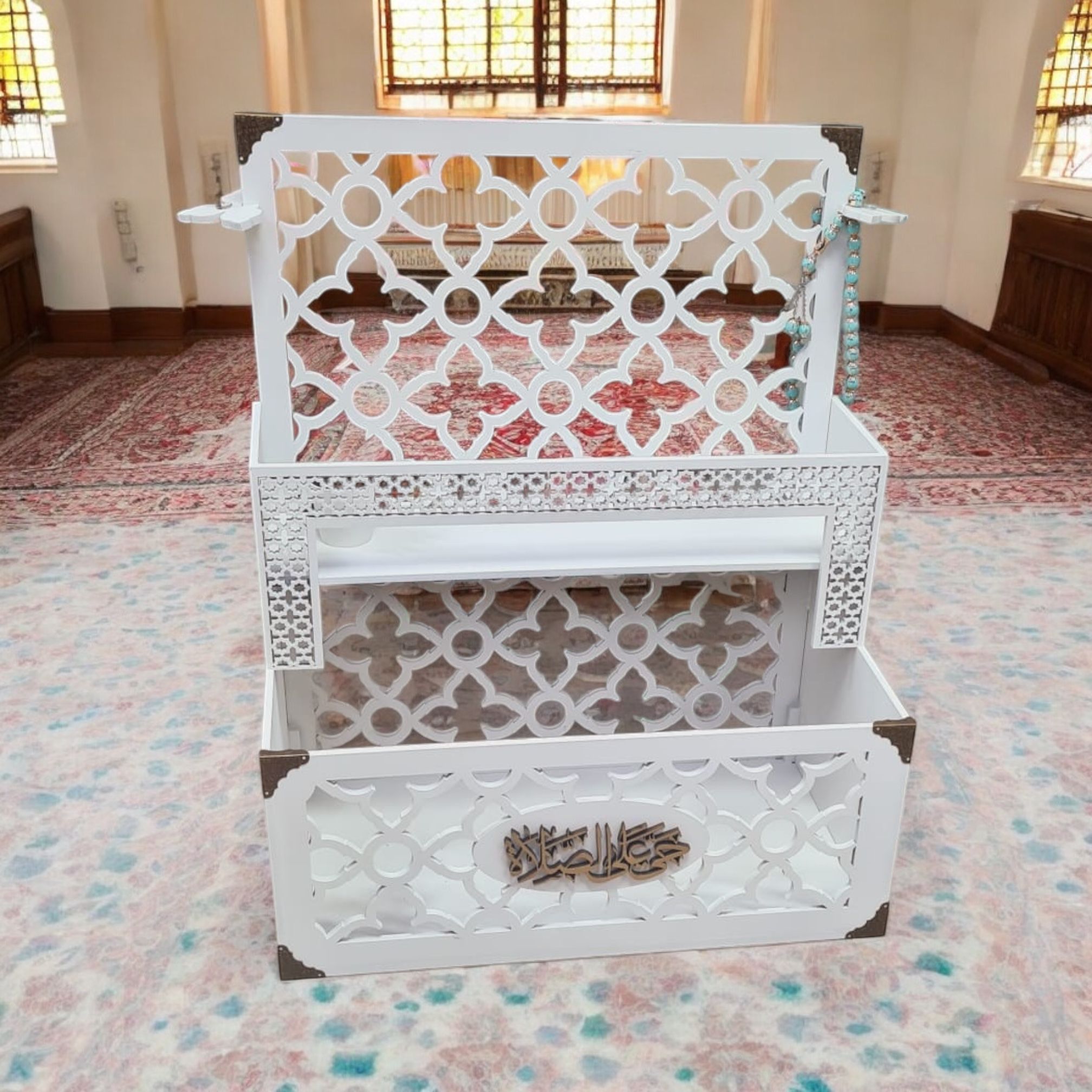 Prayer Rug Holder, Prayer Mat & Quran Holder, Moroccon Pattern Prayer room decor, Islamic Home Decor, Prayer room ideas, Ramadan Decor (Copy)